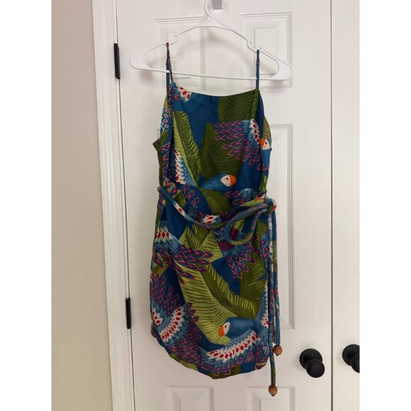 Farm Rio Blue Macaw Parrot Bird Square Neck Sleeveless Linen Mini Dress Sz M - Picture 6 of 8